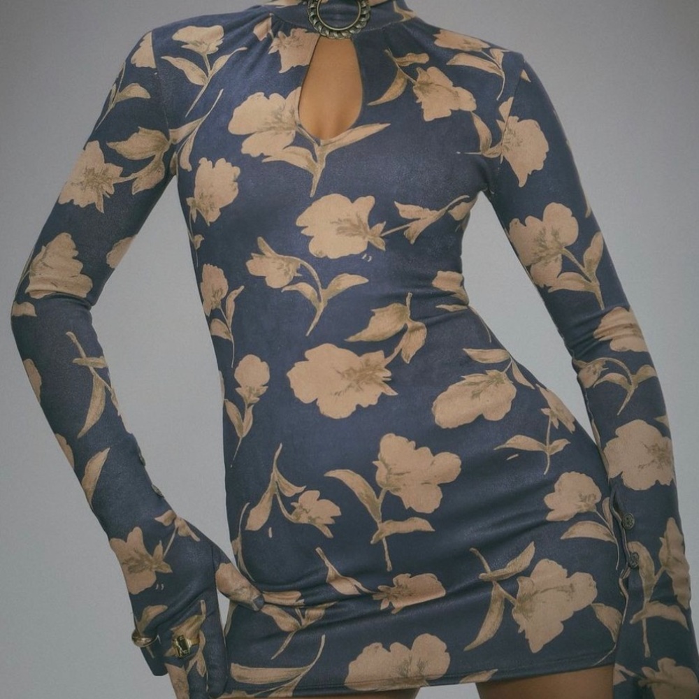 Brielle Officielle Floral Printed Suede Buckled Choker Dress